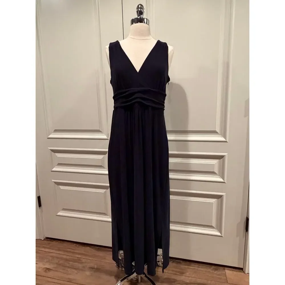 Tommy Hilfiger Navy Dress Plunging Neckline comfy long sleeveless Sz 10 A544 - Picture 1 of 7